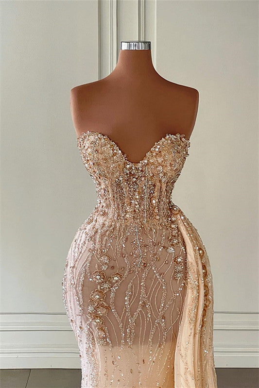 Stunning Champagne Mermaid Evening Dress with Sweetheart Sleeveless Beadings and Ruffles BM bride