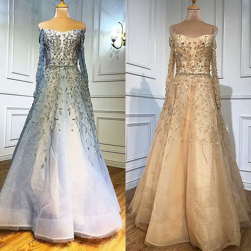 Elegant Sequin Appliques Prom Dress with Long Sleeve V-Neck A-Line Style BM bride