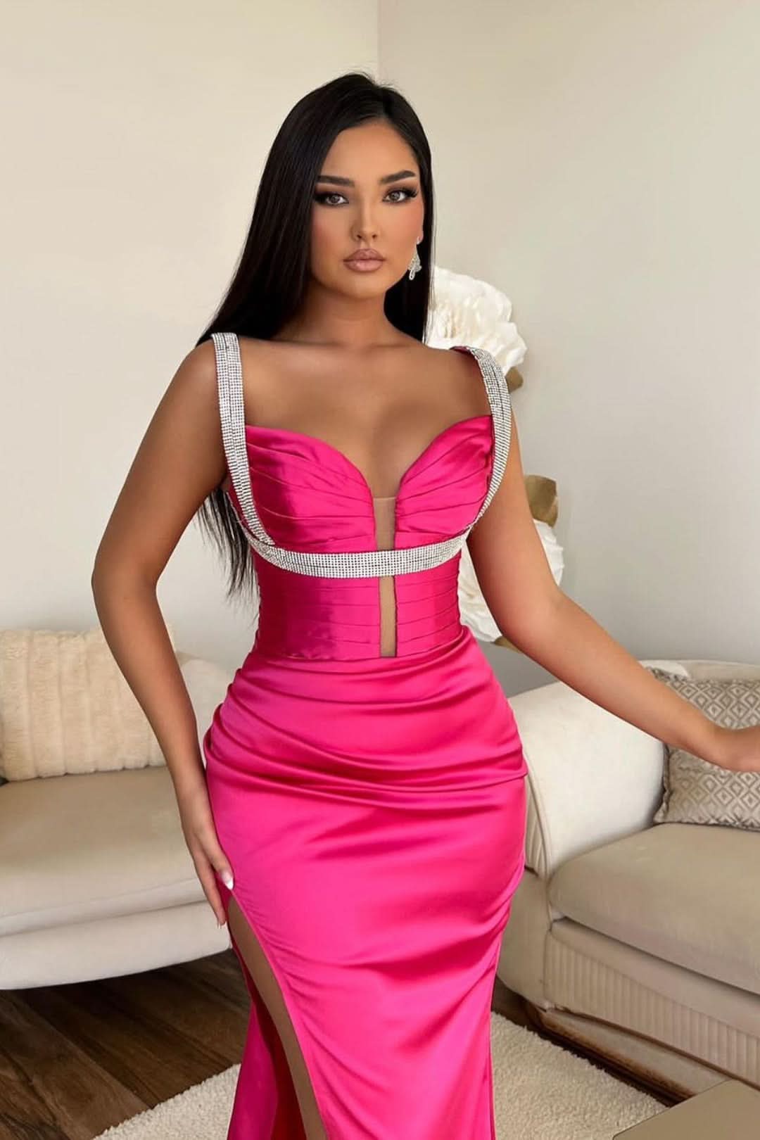 Fuchsia Spaghetti-Strap V-Neck Sleeveless Mermaid Prom Dress with High Slit BM bride