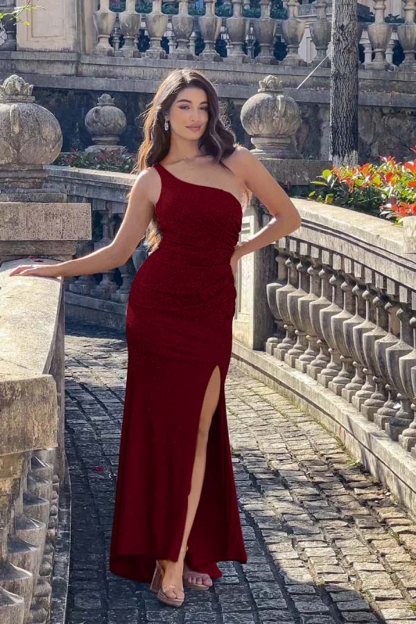 One Shoulder Sleeveless Long Mermaid Prom Dress With Split Beading
