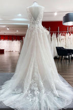 Deep V-Neck Sleeveless Long A-Line Wedding Dress with Open Back, Tulle, and Lace Appliques BM bride