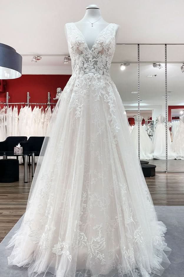 Deep V-Neck Sleeveless Long A-Line Wedding Dress with Open Back, Tulle, and Lace Appliques BM bride