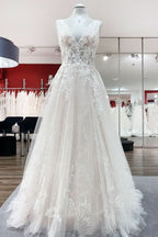 Deep V-Neck Sleeveless Long A-Line Wedding Dress with Open Back, Tulle, and Lace Appliques BM bride