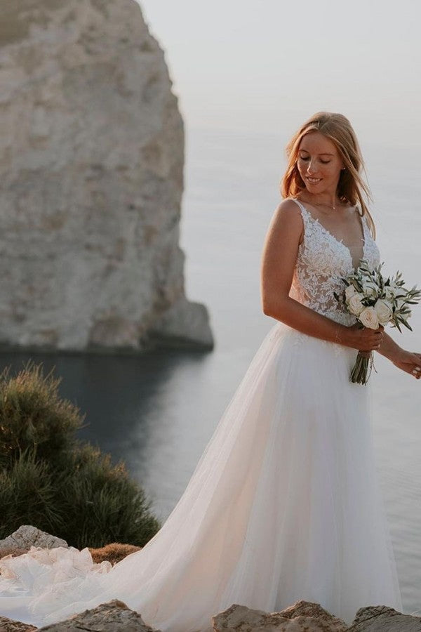 Modest Boho Long A-Line V-Neck Backless Lace Tulle Wedding Dress BM bride