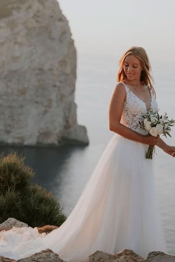Modest Boho Long A-Line V-Neck Backless Lace Tulle Wedding Dress BM bride