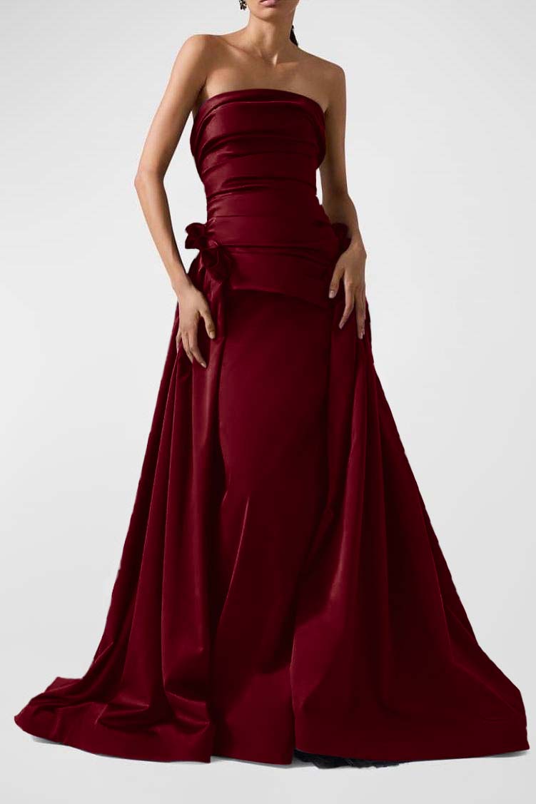 Strapless Backless Sleeveless Long A Line Prom Dress With Pleated BMBRIDE