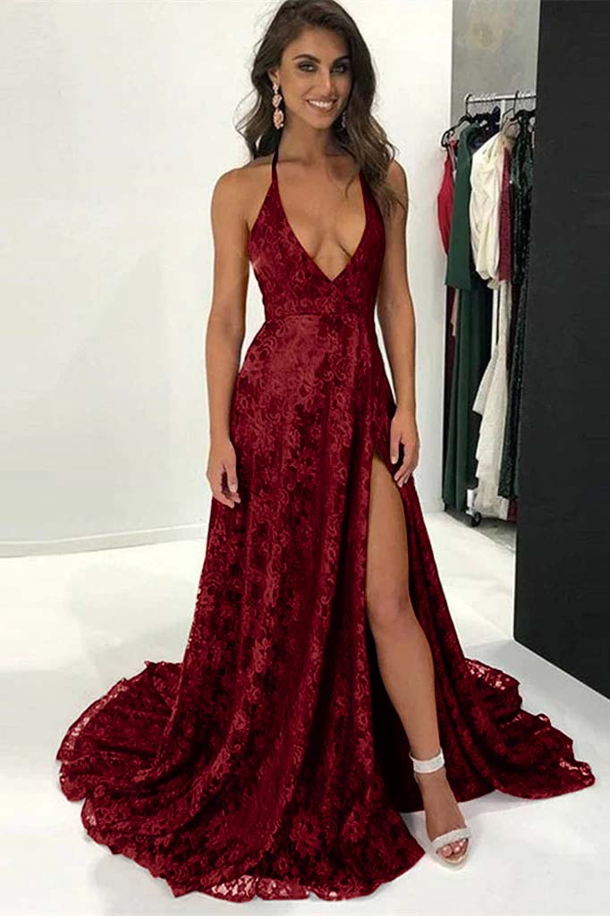 Burgundy Modern Halter Deep V Neck Backless Long Lace Prom Dress With Split BMBRIDE