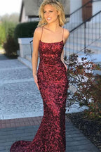 Burgundy Sequins Mermaid Prom Dress BM bride