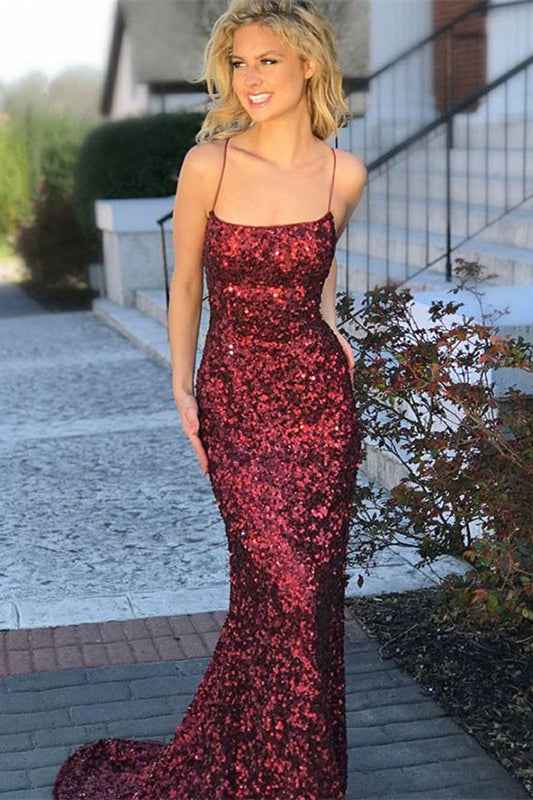 Burgundy Sequins Spaghetti Strap Sleeveless Backless Mermaid Prom Dress