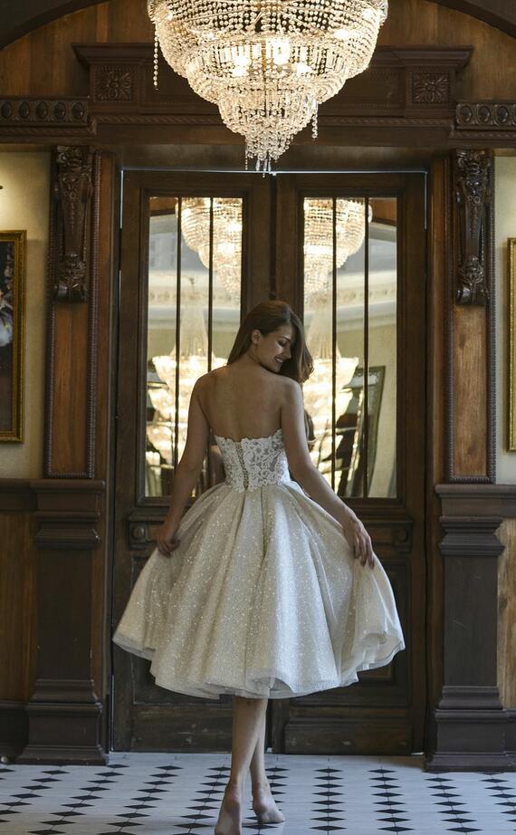 A-Line Off-the-Shoulder Short Wedding Dress with Lace Appliques BM bride