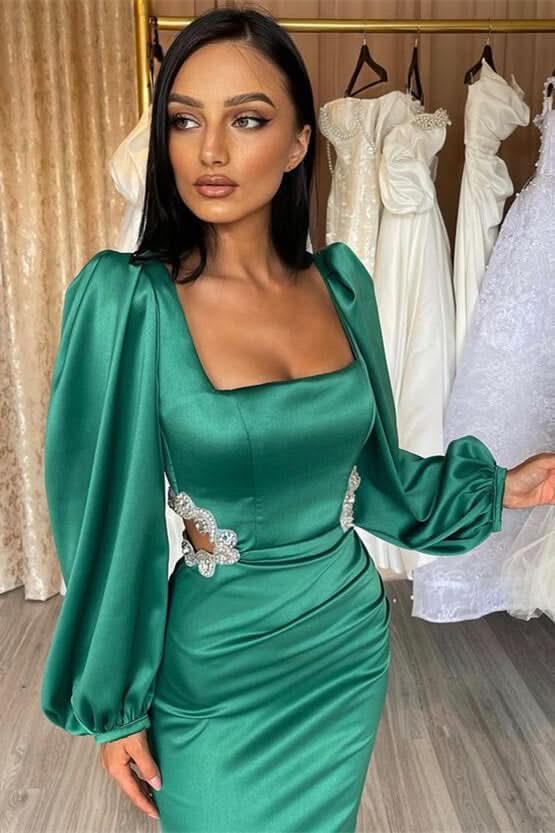 Gorgeous Green Long Evening Dress Prom Dress Long Sleeves Square Hollowing Out with Rhinestone BM bride