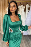 Gorgeous Green Long Evening Dress Prom Dress Long Sleeves Square Hollowing Out with Rhinestone BM bride