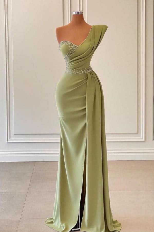 Sage One-Shoulder Split Mermaid Prom Dress With Beadings for an Elegant Look BM bride
