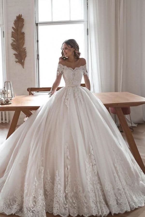 Long Ball Gown Wedding Dress with Sleeves, Lace, and Tulle BM bride