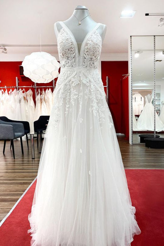 Sleeveless Long A-Line Tulle Open Back Wedding Dress with Lace Appliques BM bride