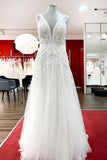 Sleeveless Long A-Line Tulle Open Back Wedding Dress with Lace Appliques BM bride