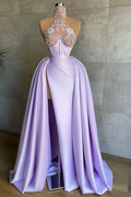 Halter Sleeveless Mermaid Split Long Prom Dress With Appliques