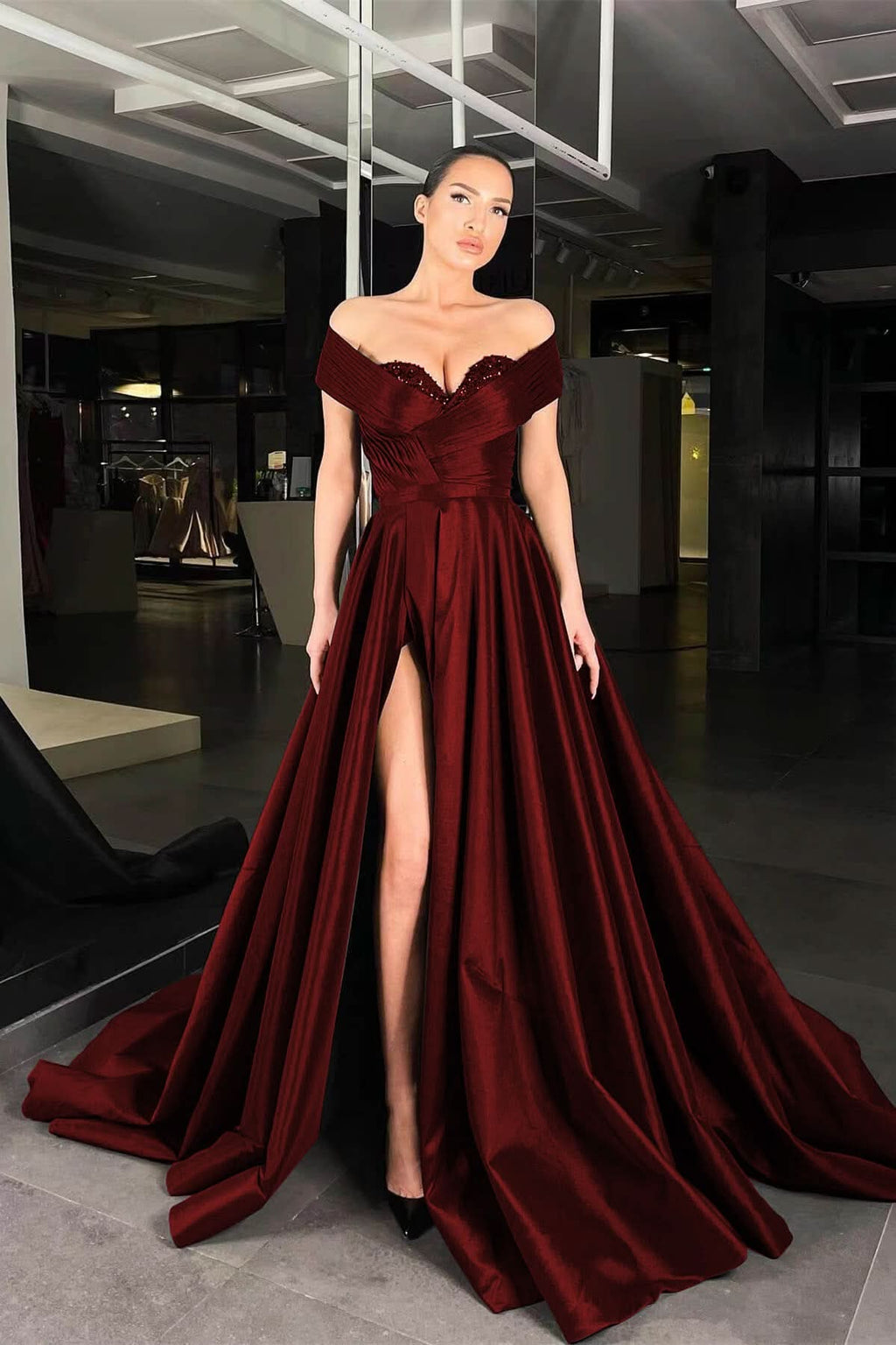 Off-the-Shoulder Black Beaded A-Line Prom Dress with Split BM bride