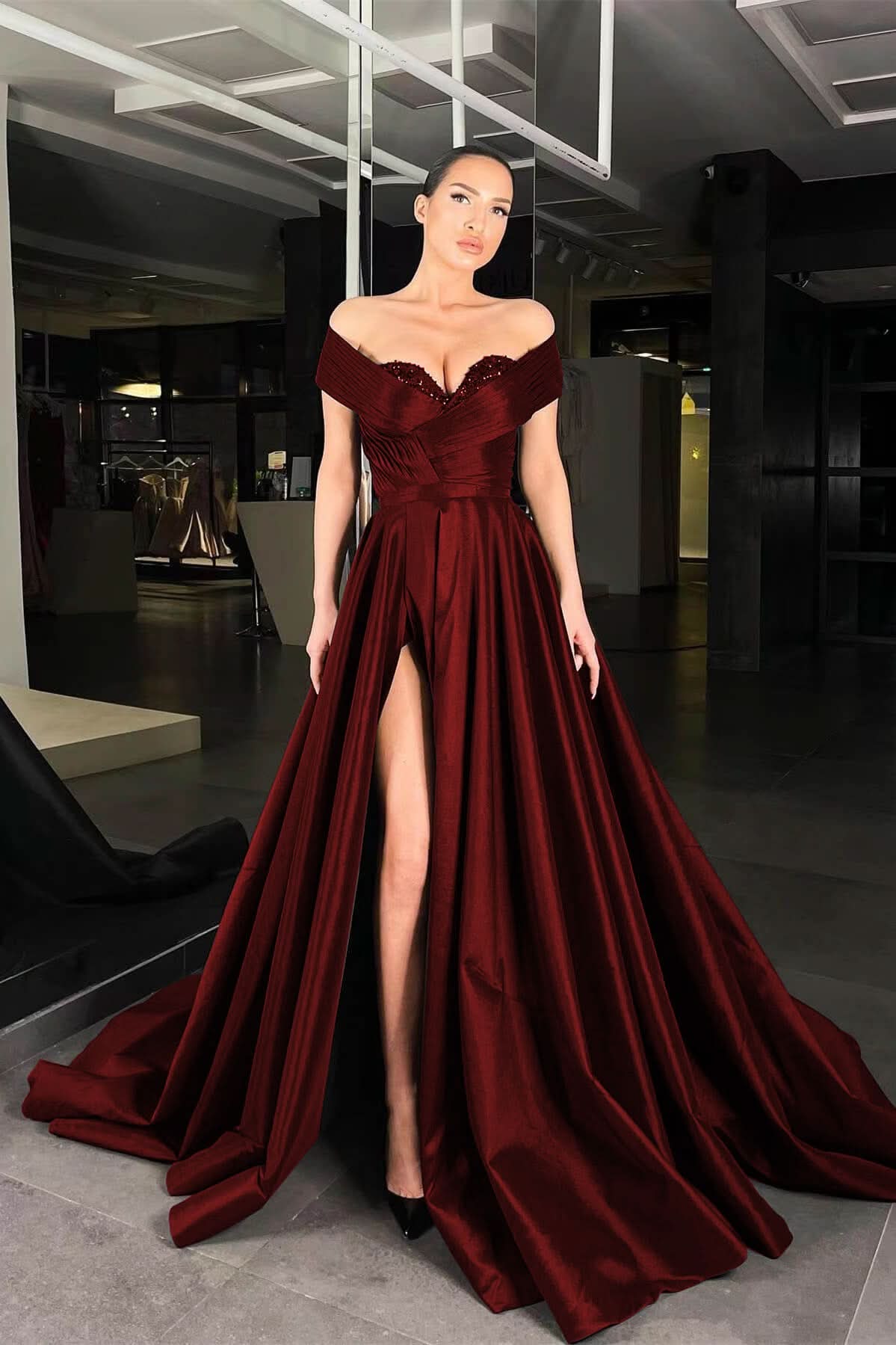 Off-the-Shoulder Black Beaded A-Line Prom Dress with Split BM bride
