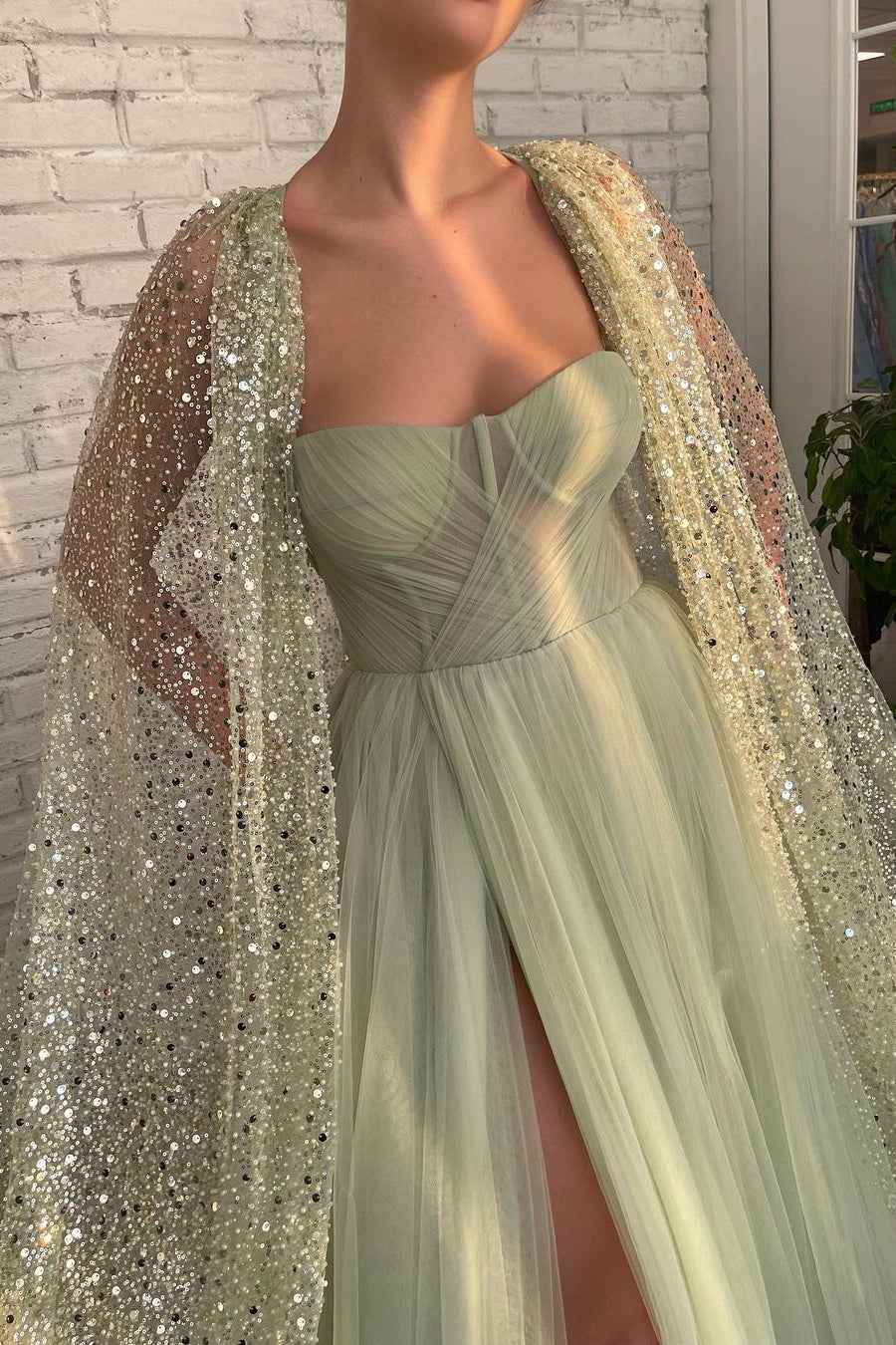 Light Green Sweetheart Tulle Split Prom Dress With Sage Sparkly Sequins Cape