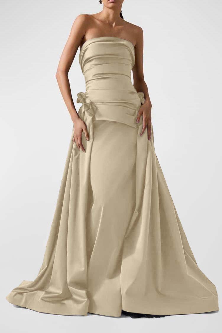 Strapless Backless Sleeveless Long A Line Prom Dress With Pleated BMBRIDE