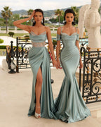 Satin Sweetheart Spaghetti-Strap Mermaid Evening Dress with Split Beadings BM bride
