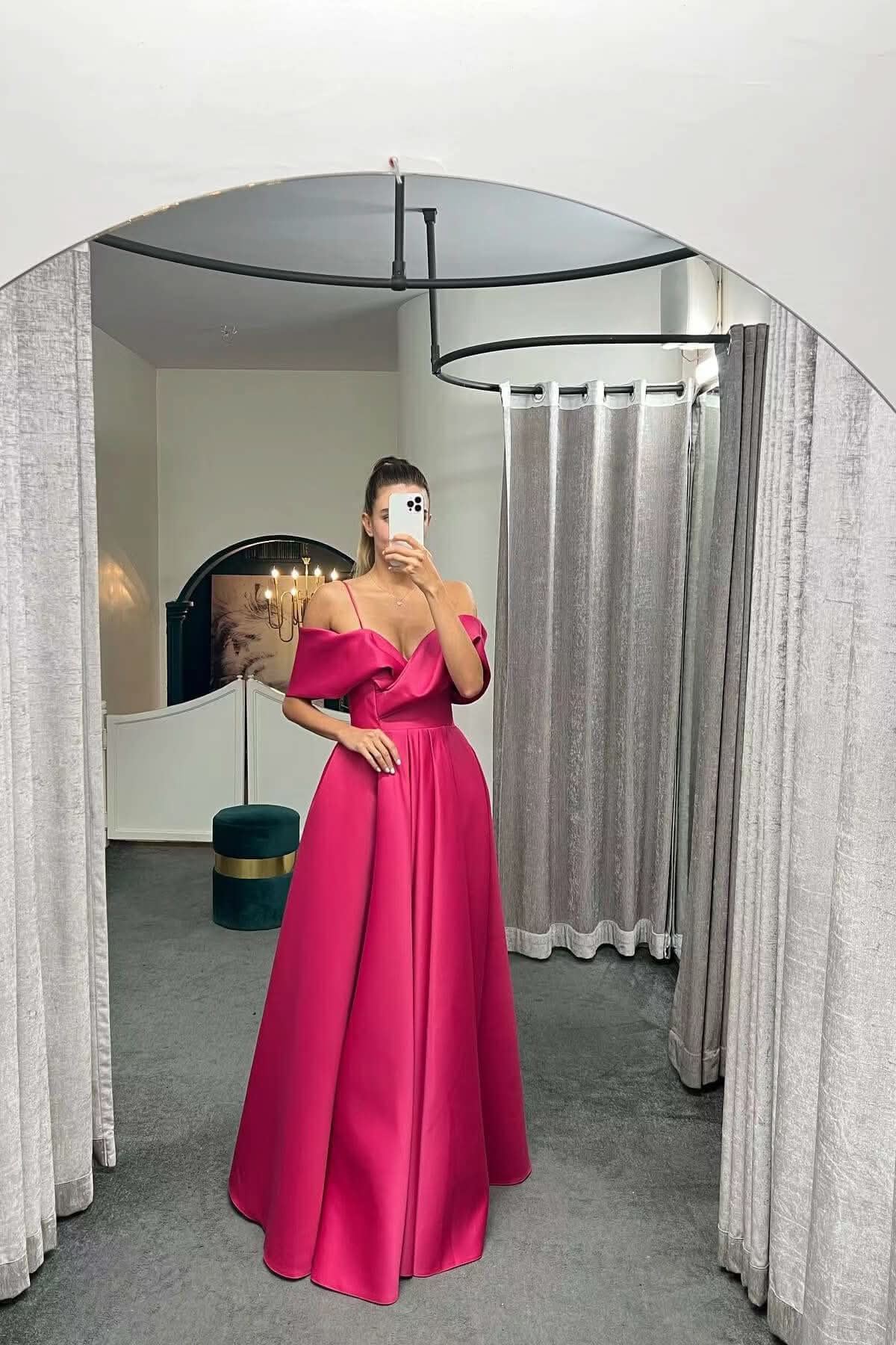 Spaghetti-Strap Off-the-Shoulder A-Line Lace-Up Back Long Evening Dress BM bride