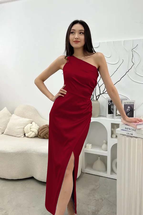 Chic Sleeveless One Shoulder Long Prom Dress With Pleated Split BMBRIDE