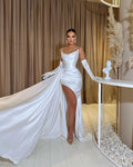 White Chiffon Strapless Sleeveless Split Mermaid Long Prom Dress With Gloves