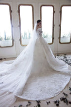 Off-the-Shoulder Sweetheart Long Sleeve A-Line Backless Wedding Dress with Lace, Appliques, and Crystal BM bride