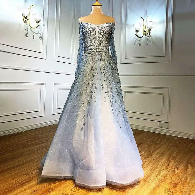Elegant Sequin Appliques Prom Dress with Long Sleeve V-Neck A-Line Style BM bride