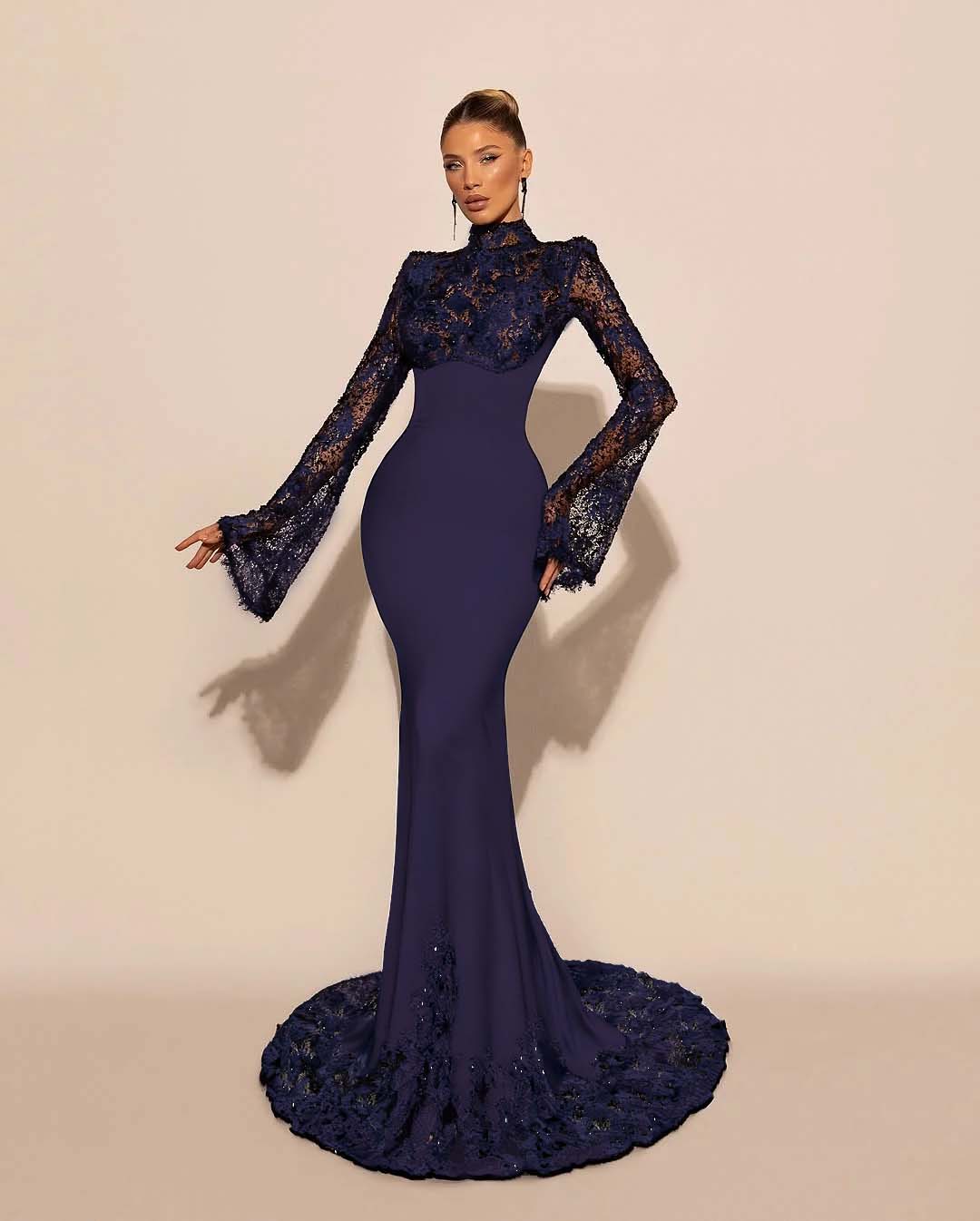 High Neck Lace Long Sleeves Long Mermaid Prom Dress With Pleated BMBRIDE