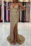 Gold Deep V Neck Sleeveless Mermaid Long Prom Dress Sequins With Side Split