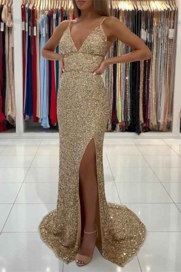 Gold Deep V Neck Sleeveless Mermaid Long Prom Dress Sequins With Side Split