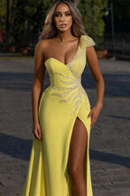 Daffodil One Shoulder Mermaid Prom Dress Front Split with Beadings BM bride