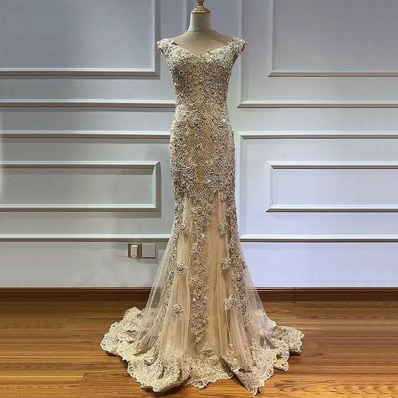 Elegant Dusty Pink Sequin Appliques Prom Dress, Mermaid V-Neck with Beads BM bride