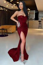 Emerald Green Sweetheart Sleeveless Mermaid Split Prom Dress With Rhinestones