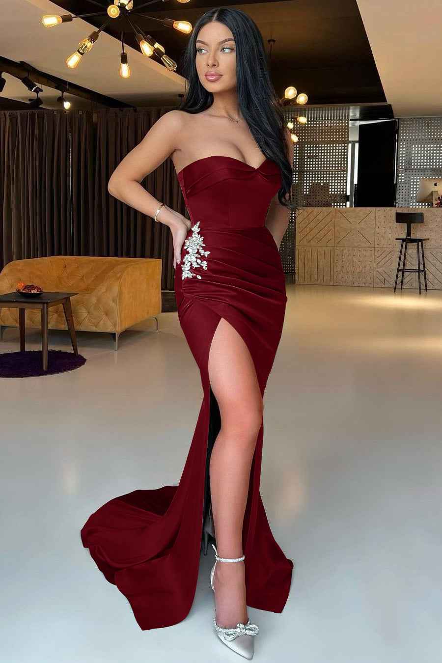 Emerald Green Sweetheart Sleeveless Mermaid Split Prom Dress With Rhinestones