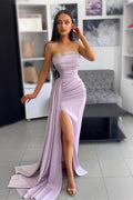 Purple Strapless Mermaid Side Split Prom Dress Ruffles With Appliques