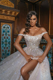 Off-the-Shoulder Sequined Long Wedding Dress with Slit BM bride