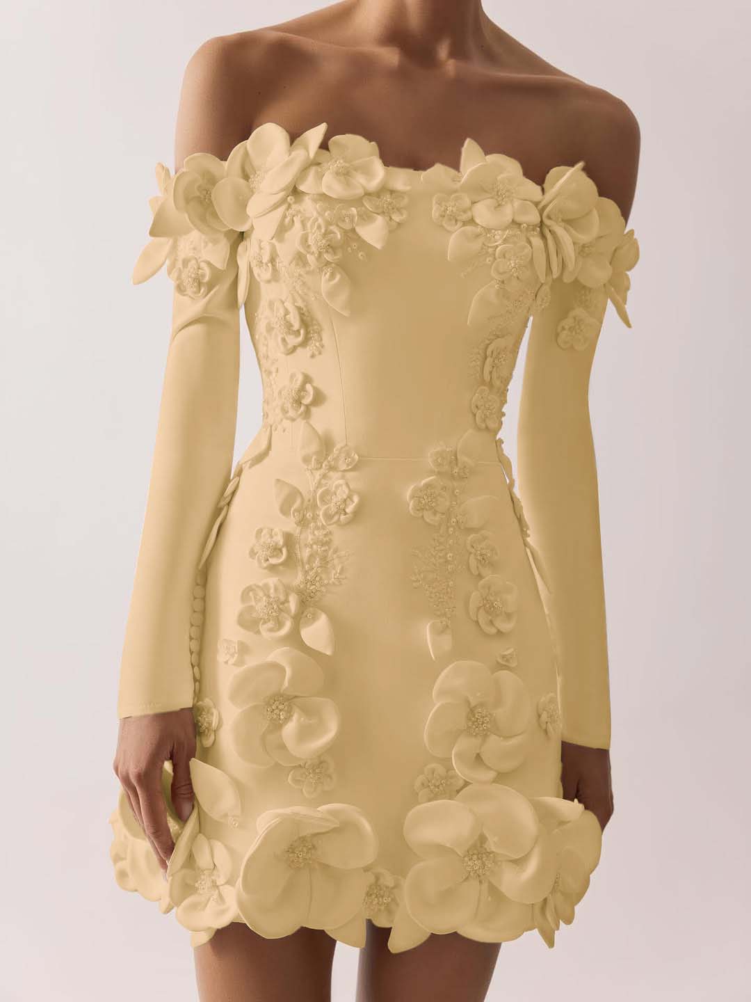 Off the Shoulder Long Sleeves Short Prom Dress With Appliques BMBRIDE