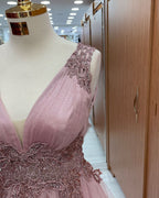 Dusty Pink V-Neck Sleeveless Long Tulle Prom Dress with Appliques BM bride