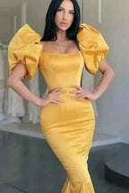 Yellow Square Bubble Sleeves Mermaid Long Prom Dress With Pleated