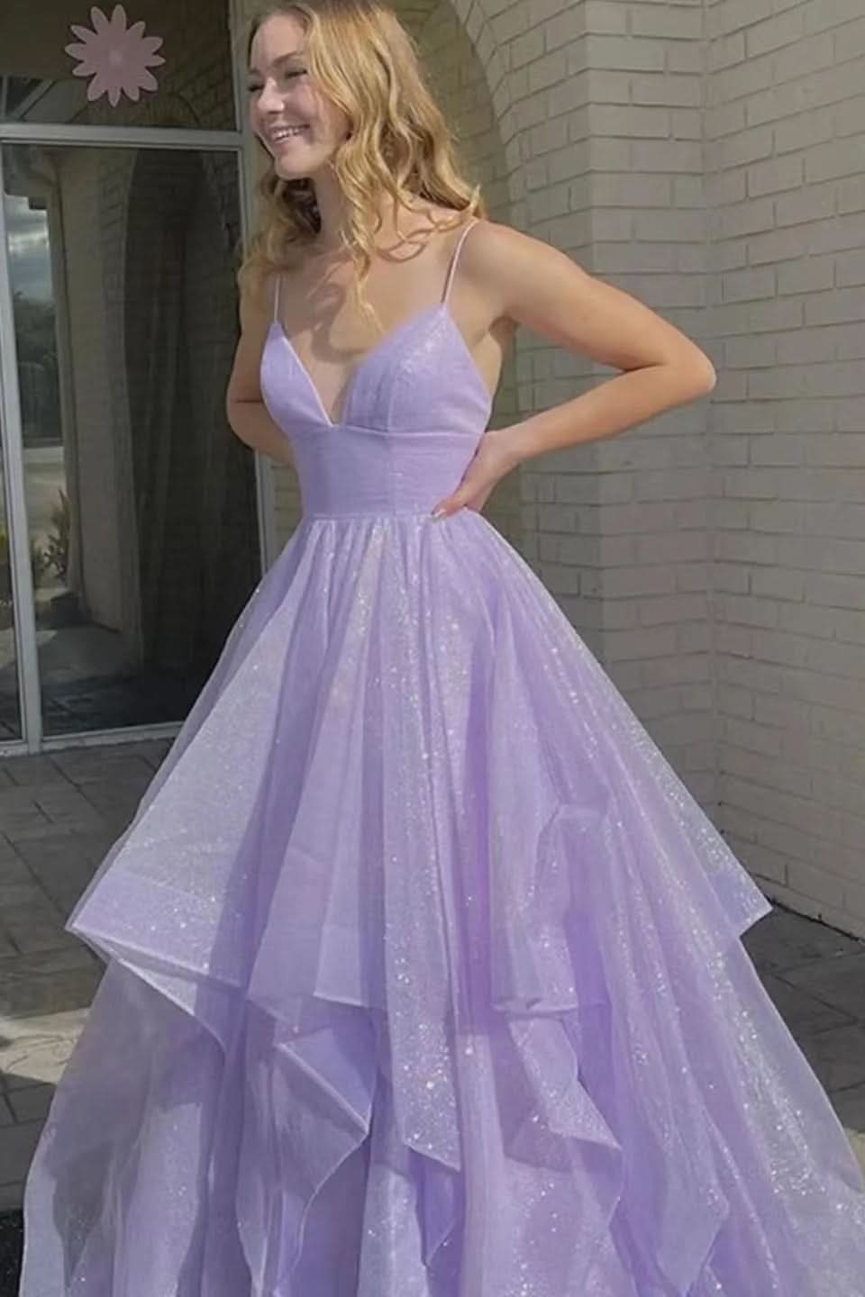 Lilac Spaghetti-Strap V-Neck A-Line Long Prom Dress with Tulle BM bride