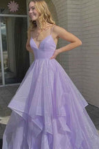 Lilac Spaghetti Strap V Neck Sleeveless A Line Long Prom Dress With Tulle