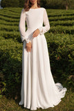Bateau Neck Long Sleeve Tulle Boho A-Line Wedding Dress with Open Back BM bride