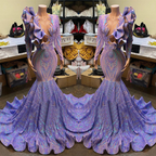 Lavender Long Sleeves Deep V Neck Appliques Mermaid Prom Dress BM bride