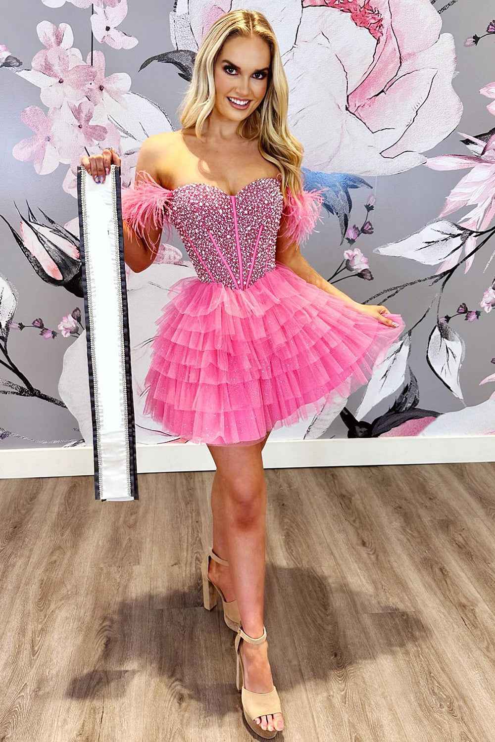 Sparkly Pink Sequined Beaded A-Line Short Homecoming Dress with Feathers