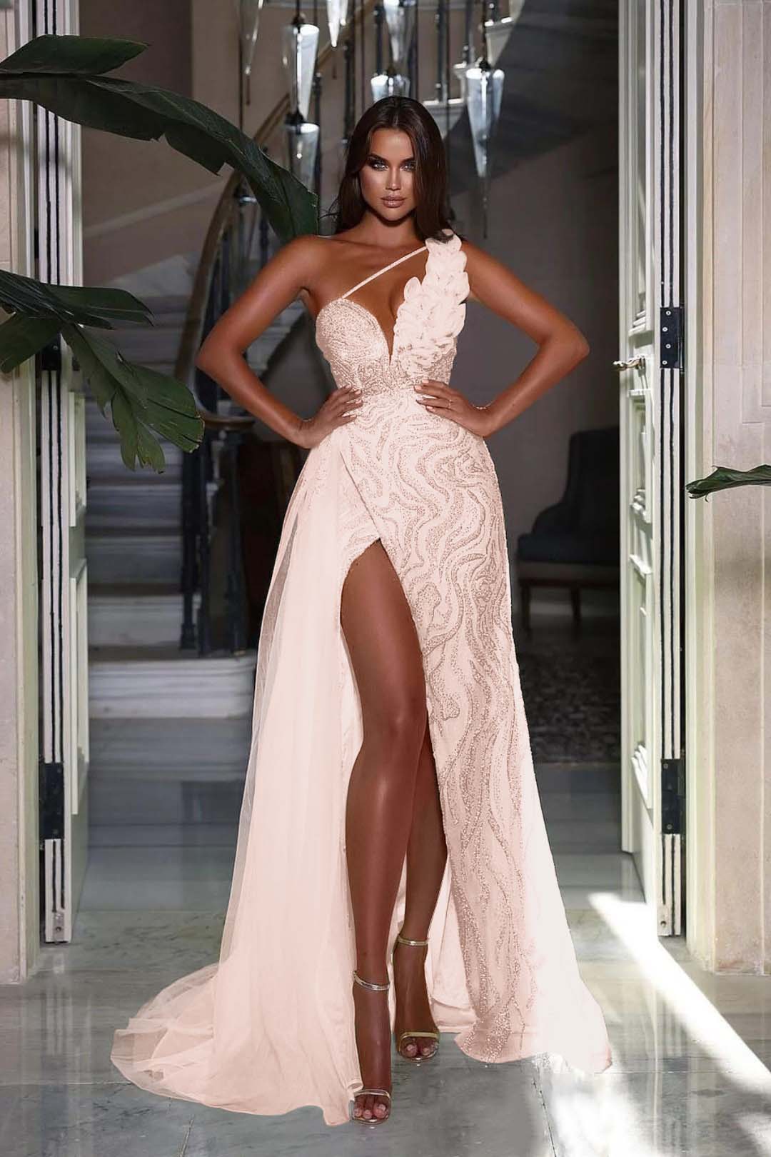 Heavy Sequins Prom Dress Sleeveless One Shoulder With High Slit