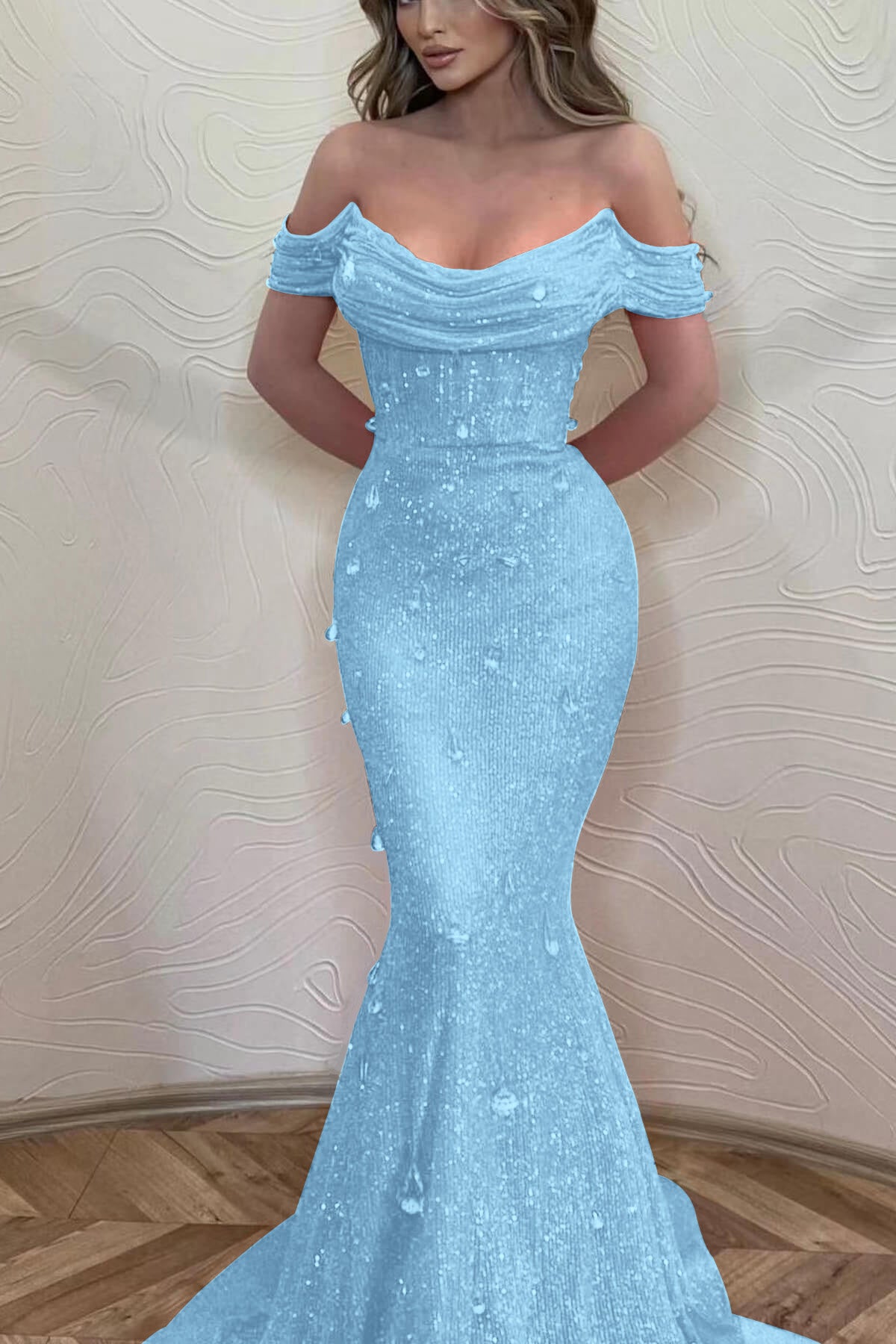 Orange Off the Shoulder Strapless Sleeveless Prom Dress With Sequins Mermaid BMBRIDE